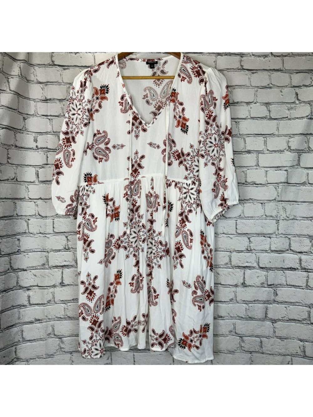 Torrid Sz 1 Mini Midi Gauze Tunic Dress White Paisley Pockets Boho 3/4 Sleeve